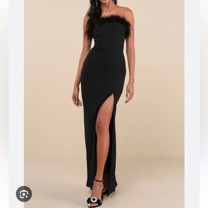 Lulus Elegant White Feather-Trimmed Strapless Dress with left slit